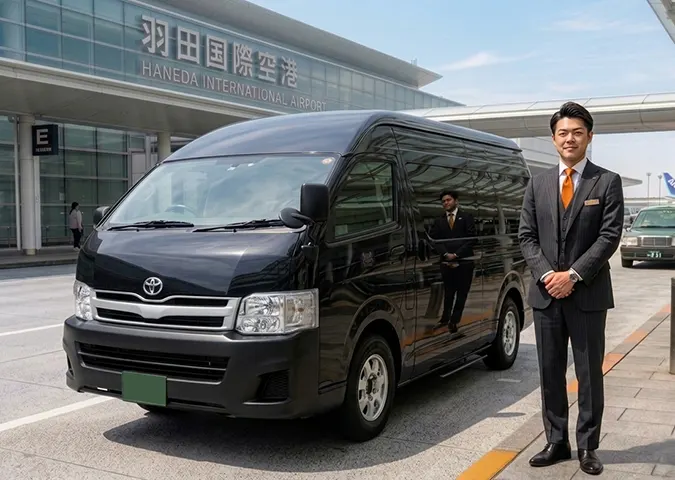 Driver waiting at Haneda Airport with a Hiace van