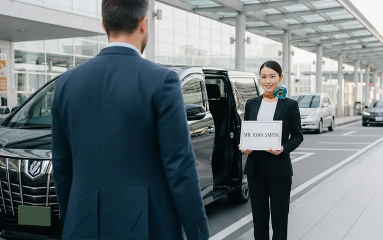 Driver greeting you with a name sign at the arrival area.