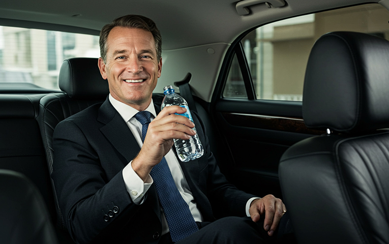 Smiling businessman enjoying complimentary water in the back seat of a Tokyo luxury chauffeur car