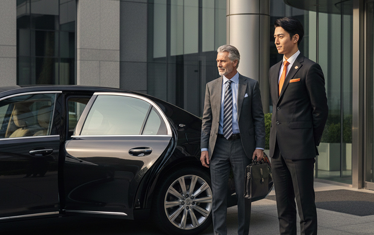 Professional chauffeur standing by a luxury sedan for a business executive in Tokyo