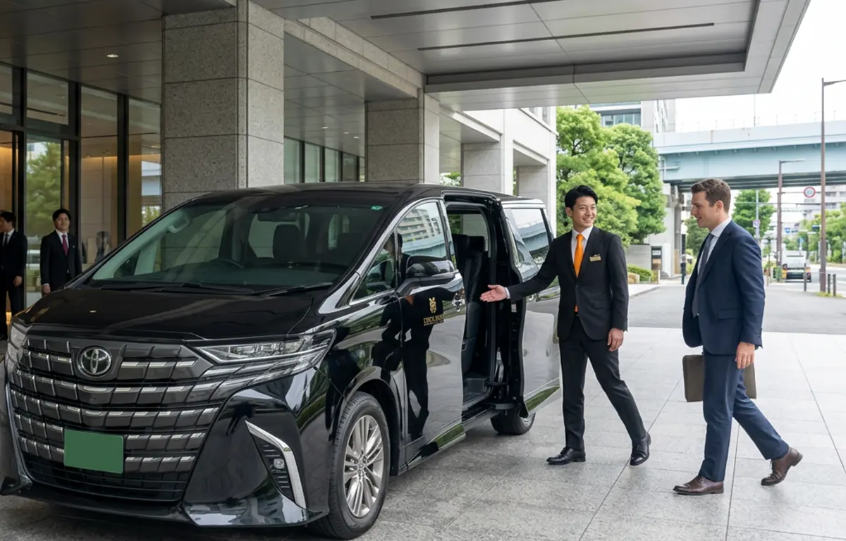 Male chauffeur welcoming a businessman in front of an office building