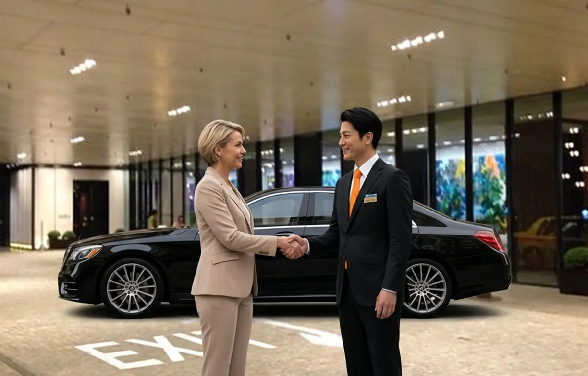 Male chauffeur shaking hands with a female business guest