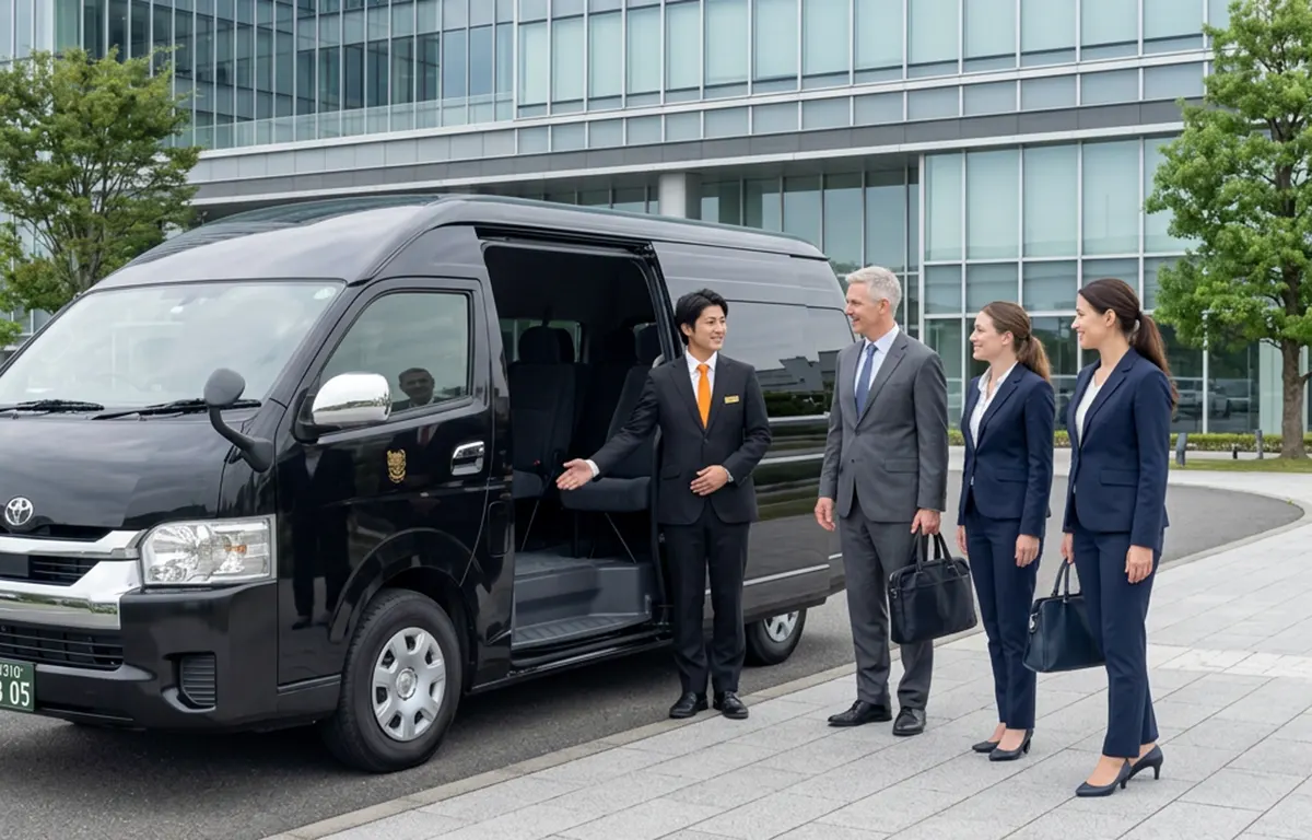 Three businessmen and a male chauffeur boarding a Toyota Hiace