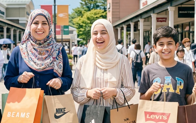 An Arab family smiling while shopping at the outlets
