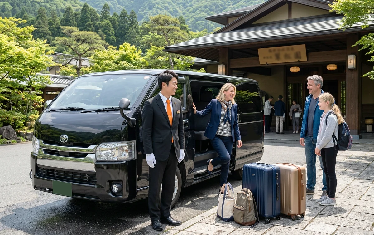 A family stepping out of a private transfer vehicle in front of a Hakone area hotel