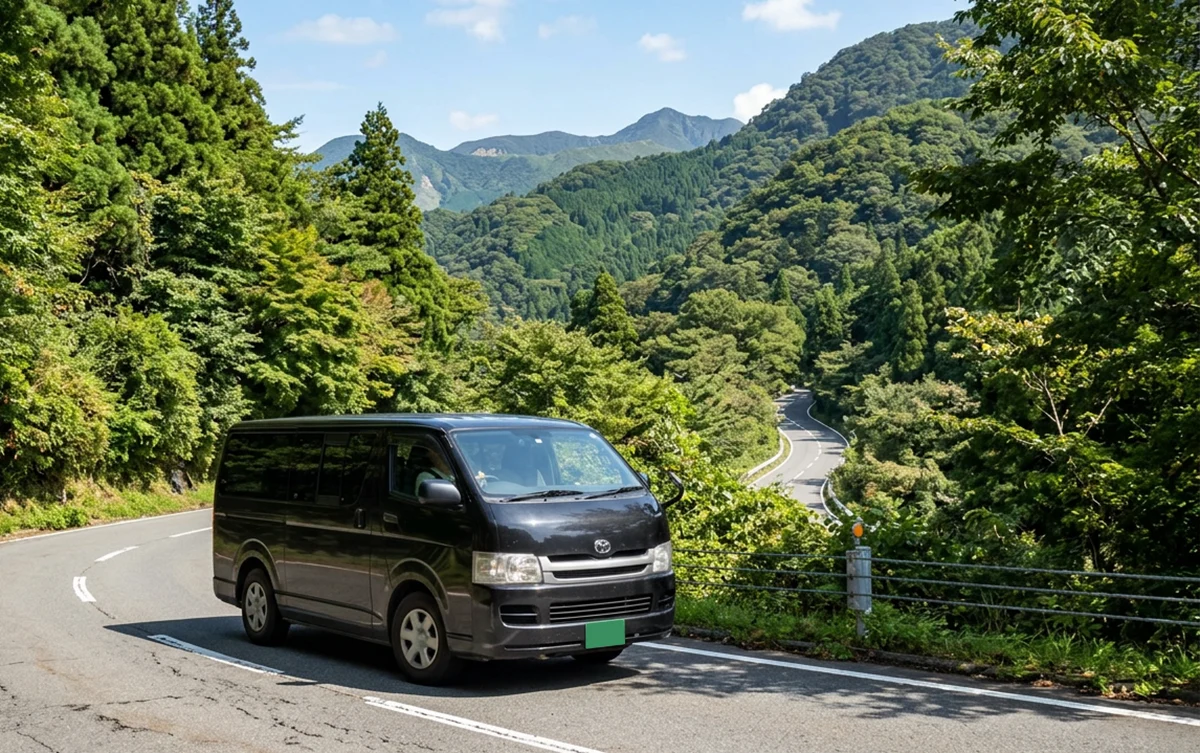 A private transfer vehicle driving along scenic mountain roads in the Hakone area
