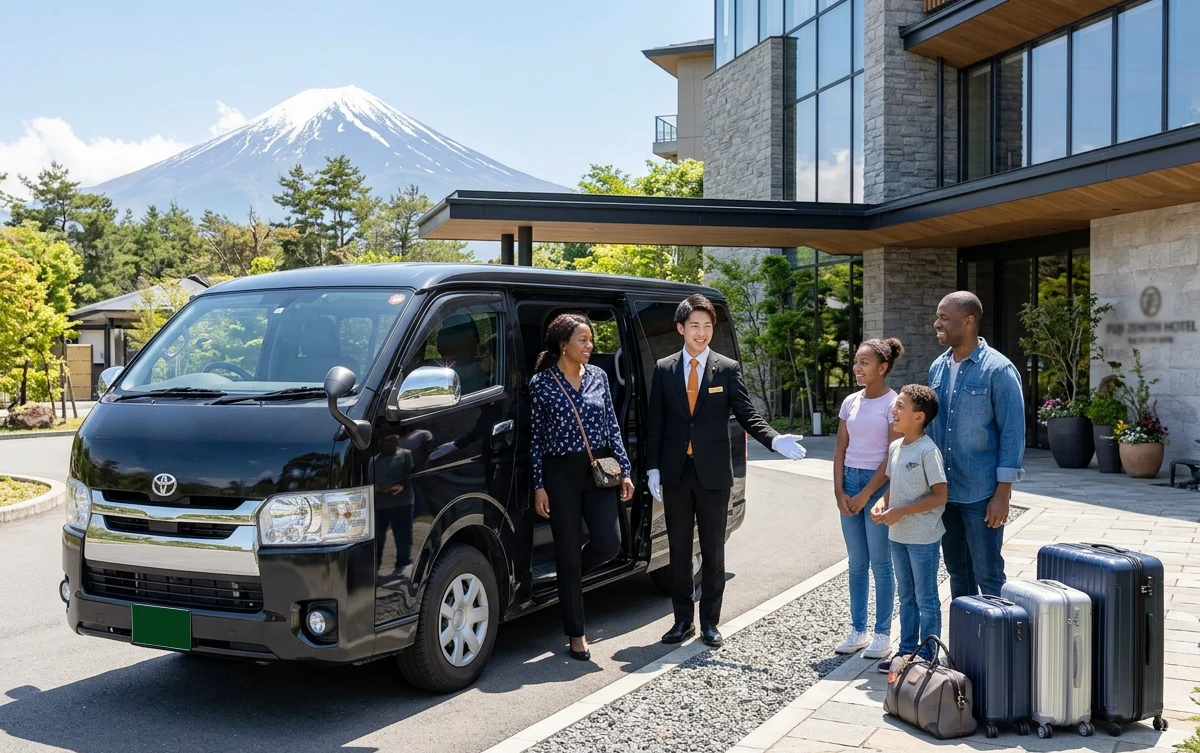 A family stepping out of a private transfer vehicle in front of a Mt.Fuji area hotel