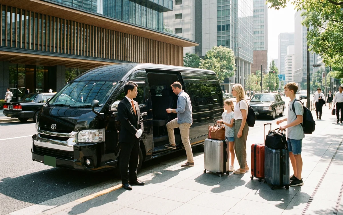 A professional chauffeur greeting guests at a Tokyo hotel for a private door-to-door transfer to Mt.Fuji area
