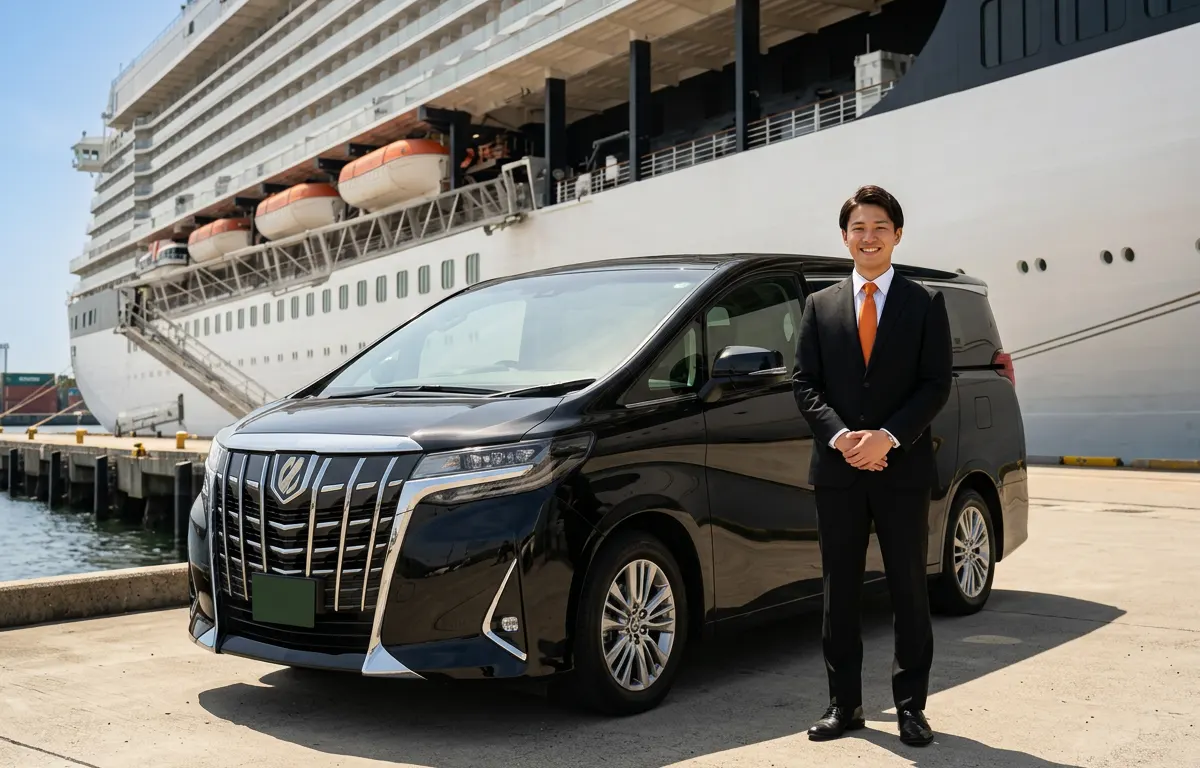 Large cruise ship and Outech chauffeur at Tokyo International Cruise Terminal