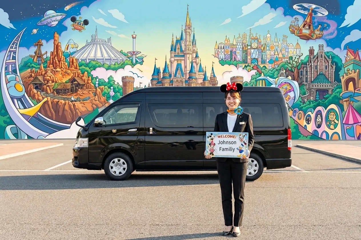 Female chauffeur wearing Mickey Mouse ears welcome you at the hotel in Tokyo or Disney Resort