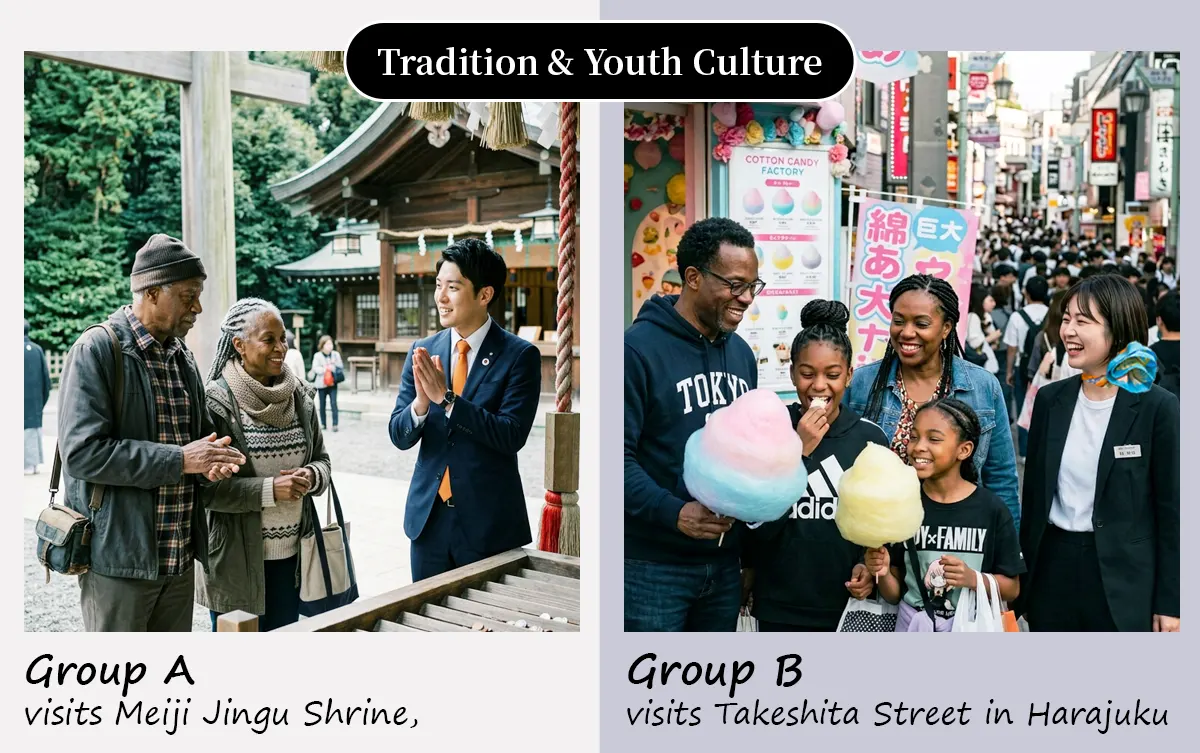 Gender: Group A will go to an arcade, while Group B will have fun at a cat café.