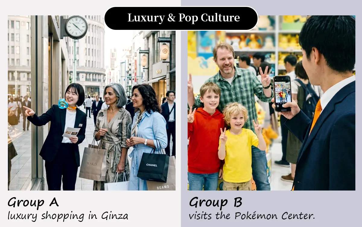 Luxury & Pop Culture: Group A enjoys luxury shopping in Ginza, while Group B visits the Pokémon Center.
