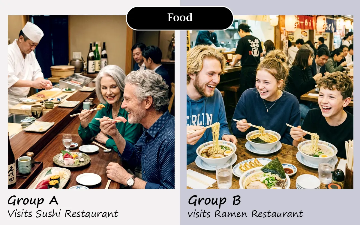 Food: Group A tries Sushi, while Group B enjoys Ramen.