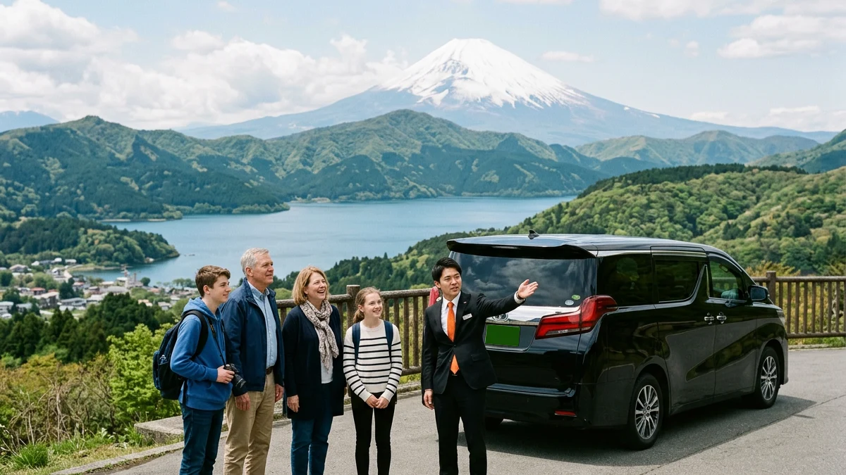 A chauffeur guiding a family in front of Mt. Fuji and a scenic lake
