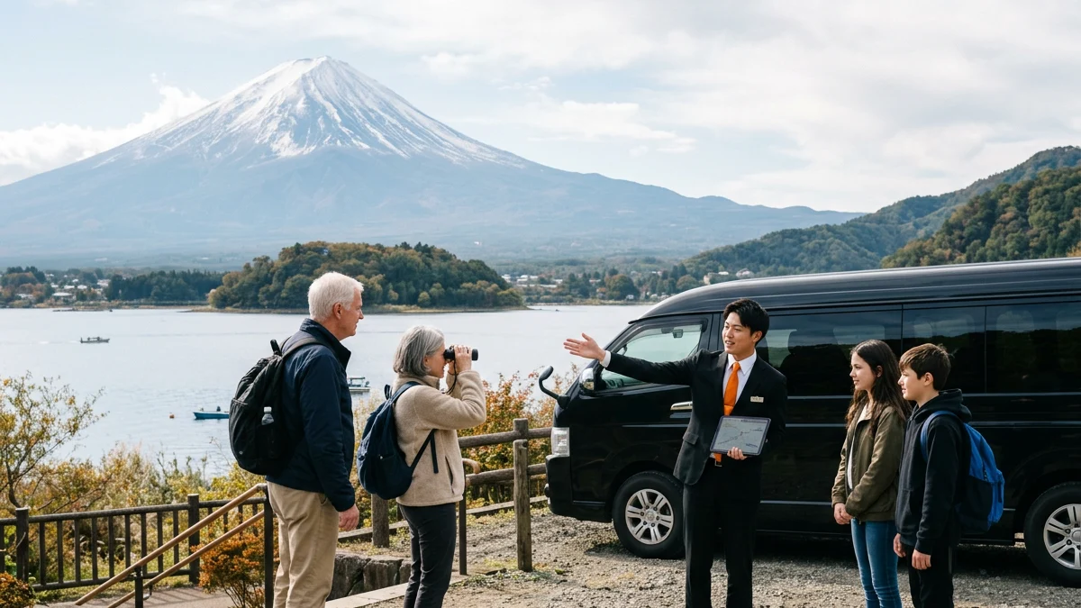 A chauffeur standing next to a Toyota Hiace, explaining the view of Mt. Fuji and a lake to an international family