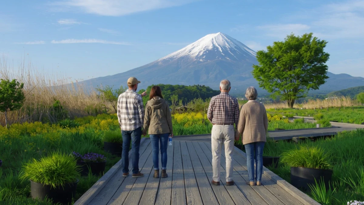 Tourists viewing Mount Fuji from Oishi Park