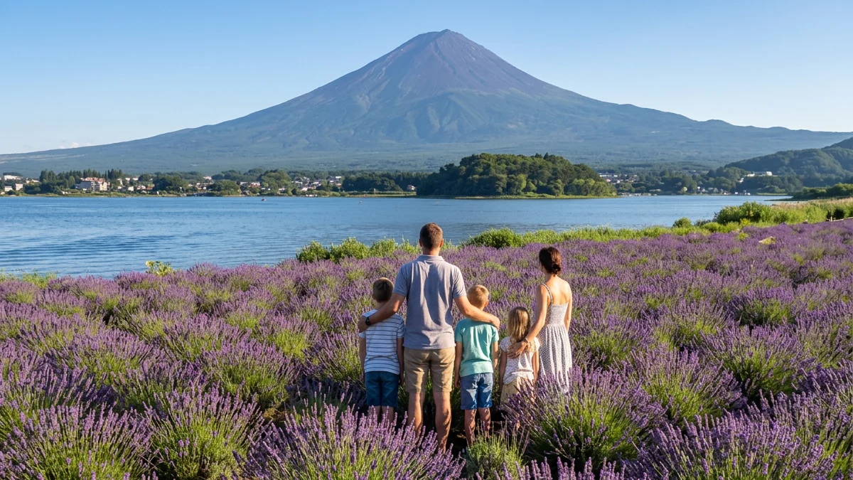 A stunning view of Mount Fuji framed by blooming lavender at Oishi Park