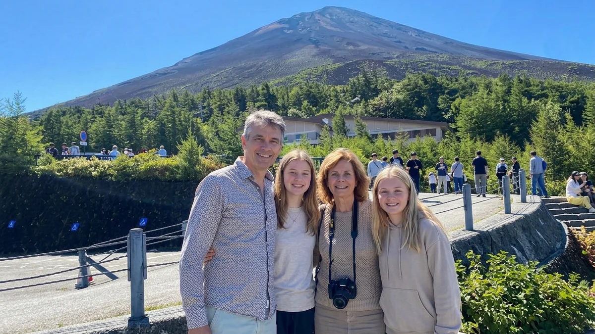 A family smiling front of Mount Fuji at 5th Station.