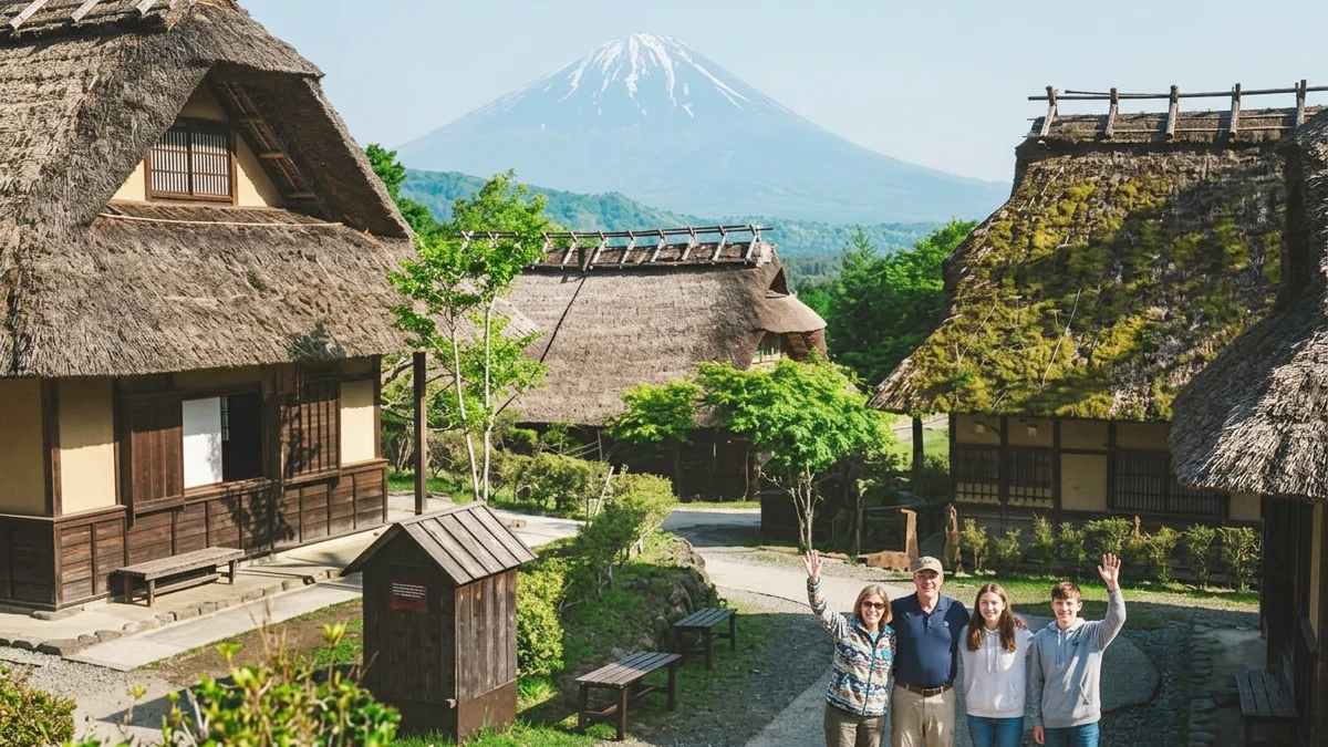 A tourist visiting a traditional Japanese open-air village