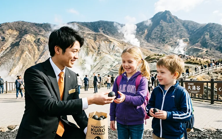 A chauffeur giving a black egg to children at Owakudani