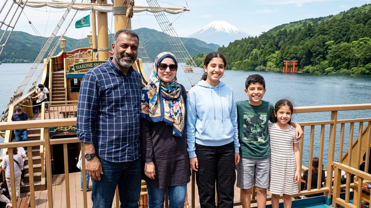 An Arab family standing on a pirate ship on Lake Ashi