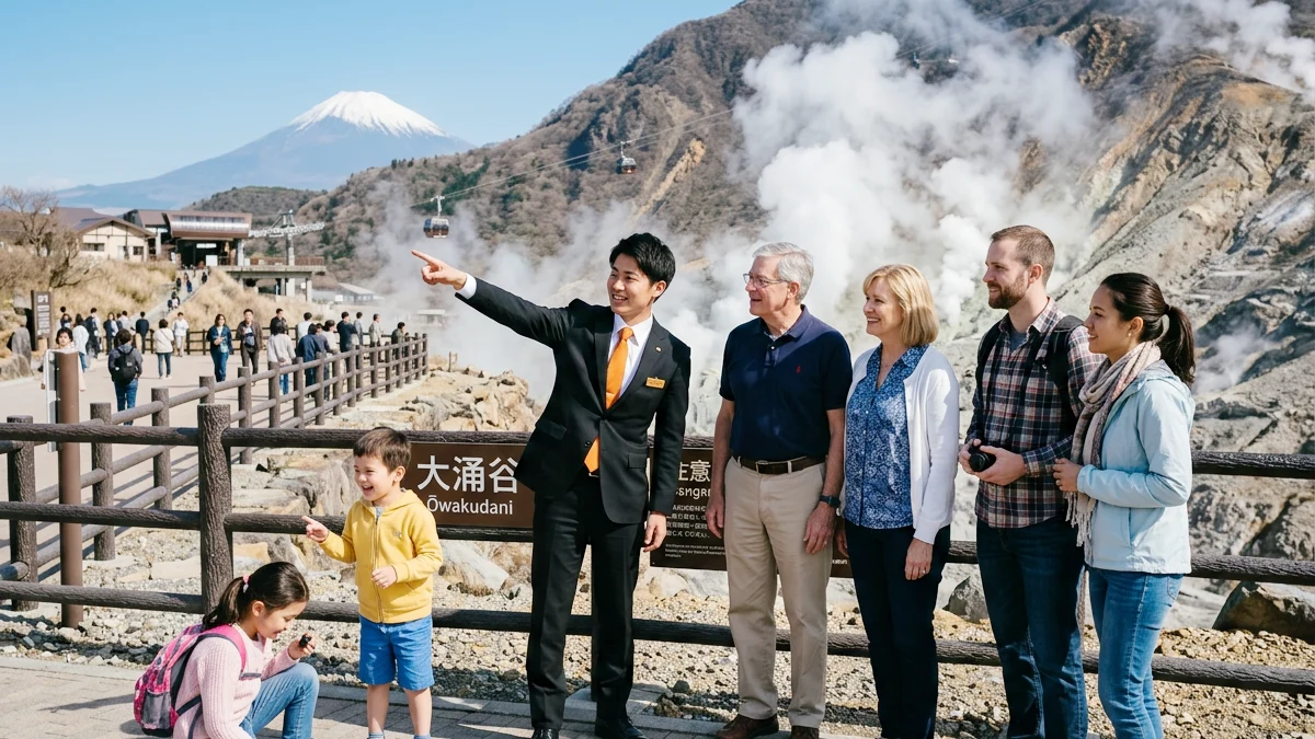 A chauffeur explaining information to a tourists at Owakudani