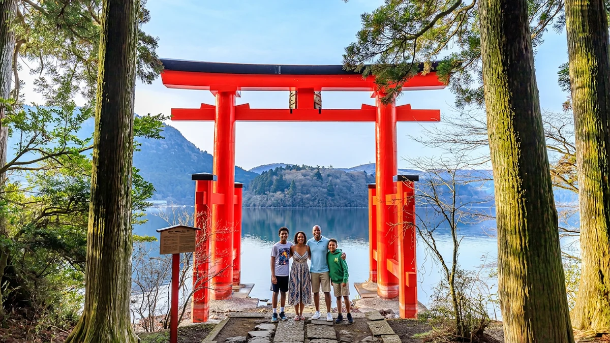 A smiling family taking a picture under a red torii gate at Hakone Shrine