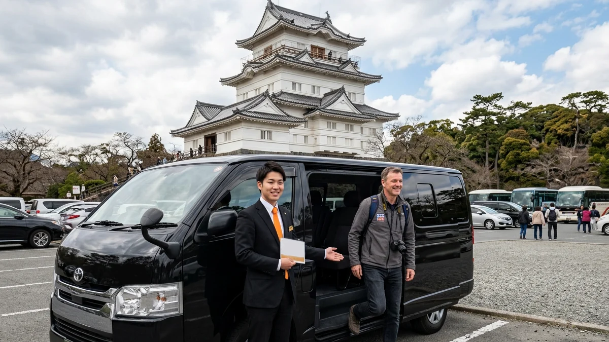 A chauffeur standing next to a luxury car parked near Odawara Castle, assisting a tourist who is getting out