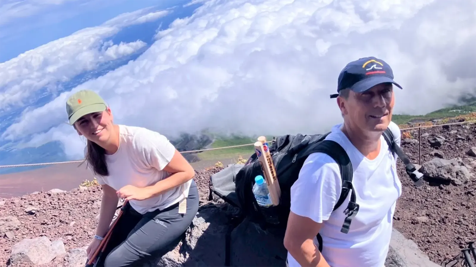 Taking a break while climbing Mt. Fuji