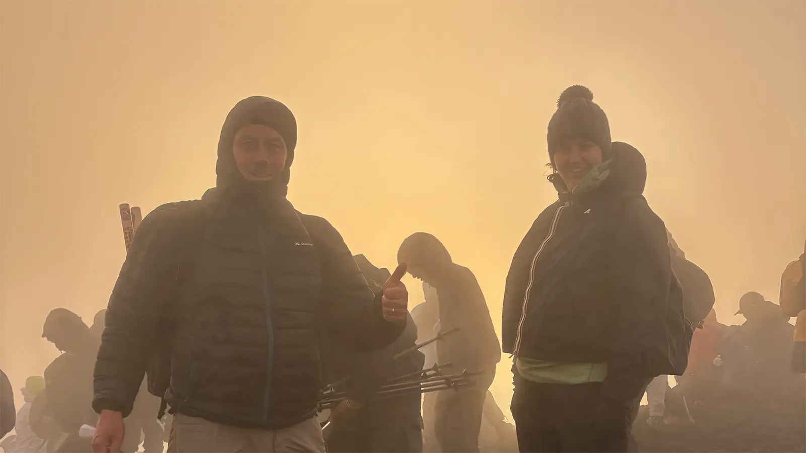 Trekking in full outdoor gear