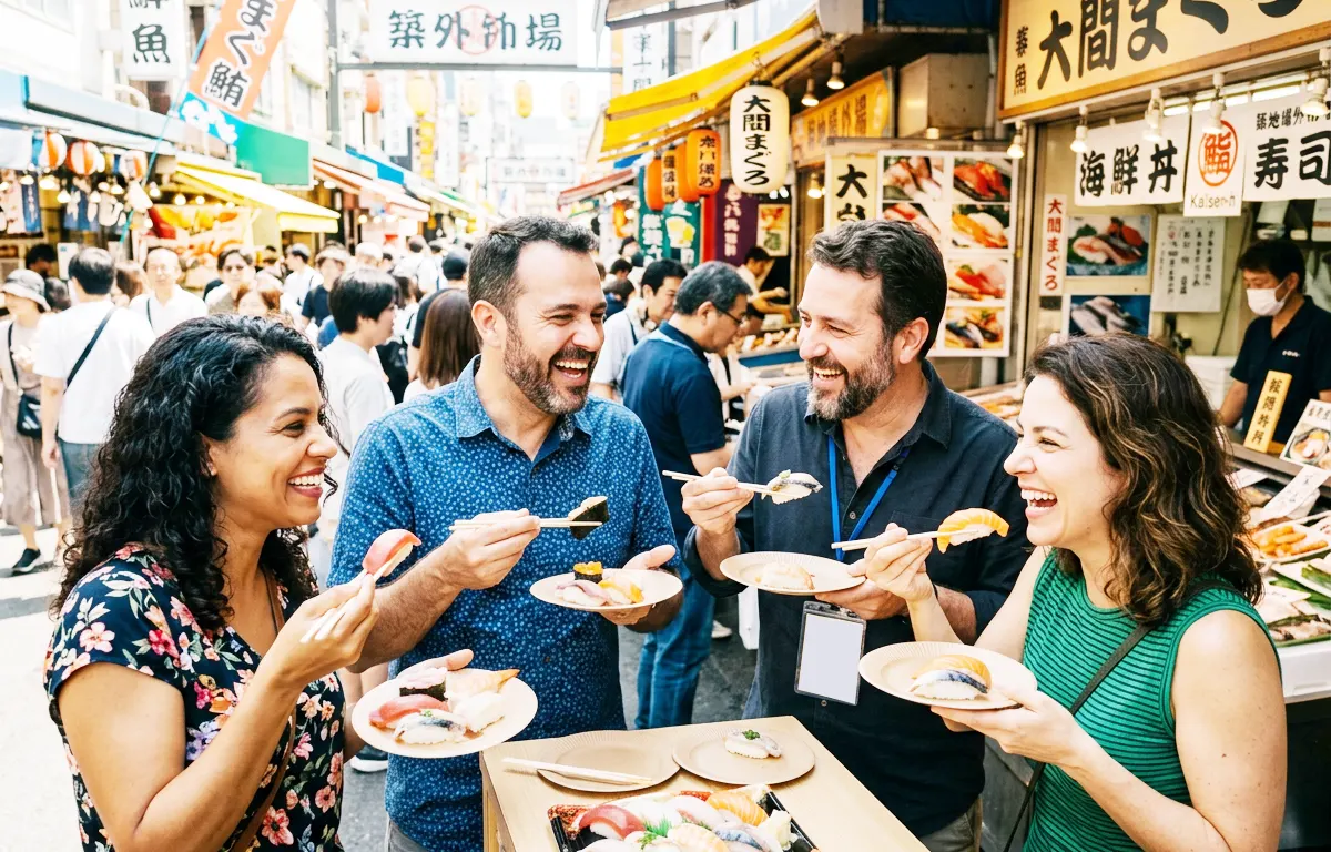 International guests enjoying street food at Tsukiji Outer Market