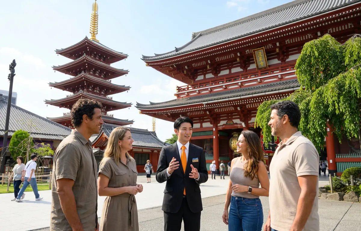 Male chauffeur guiding guests at Senso-ji Temple in Asakusa