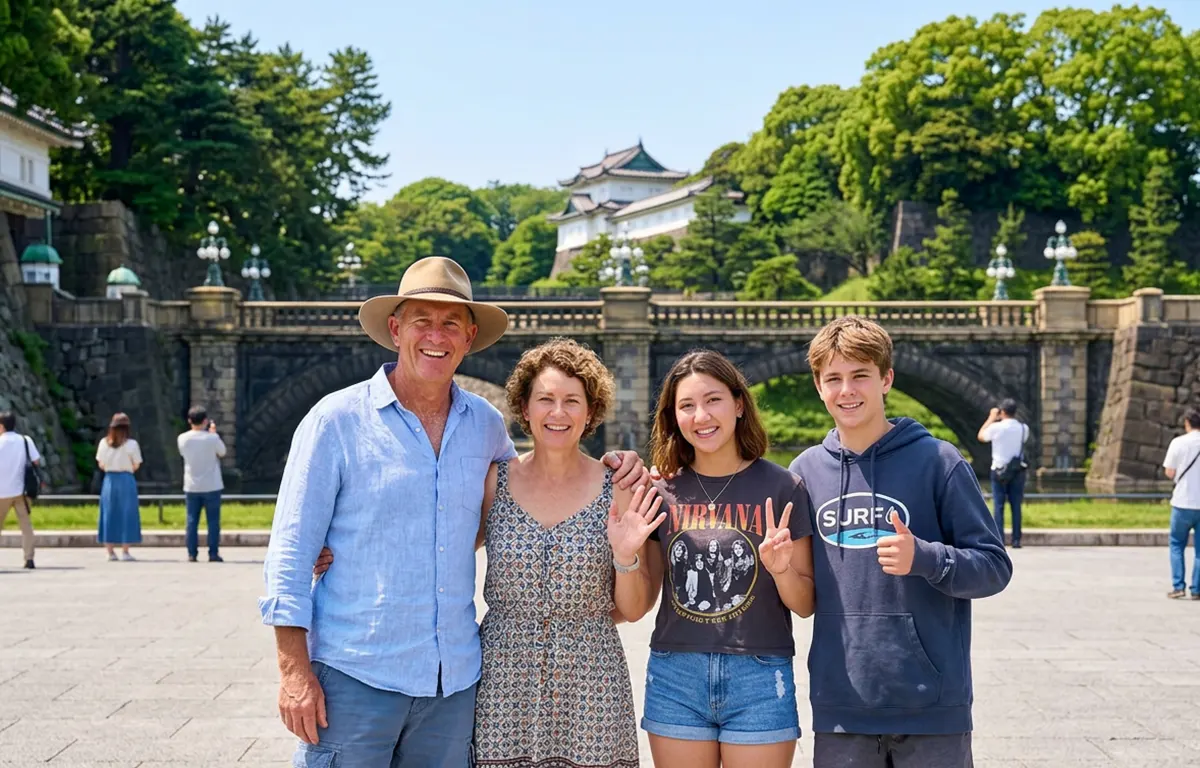 Guests taking a photo in front of Nijubashi Bridge at the Imperial Palace