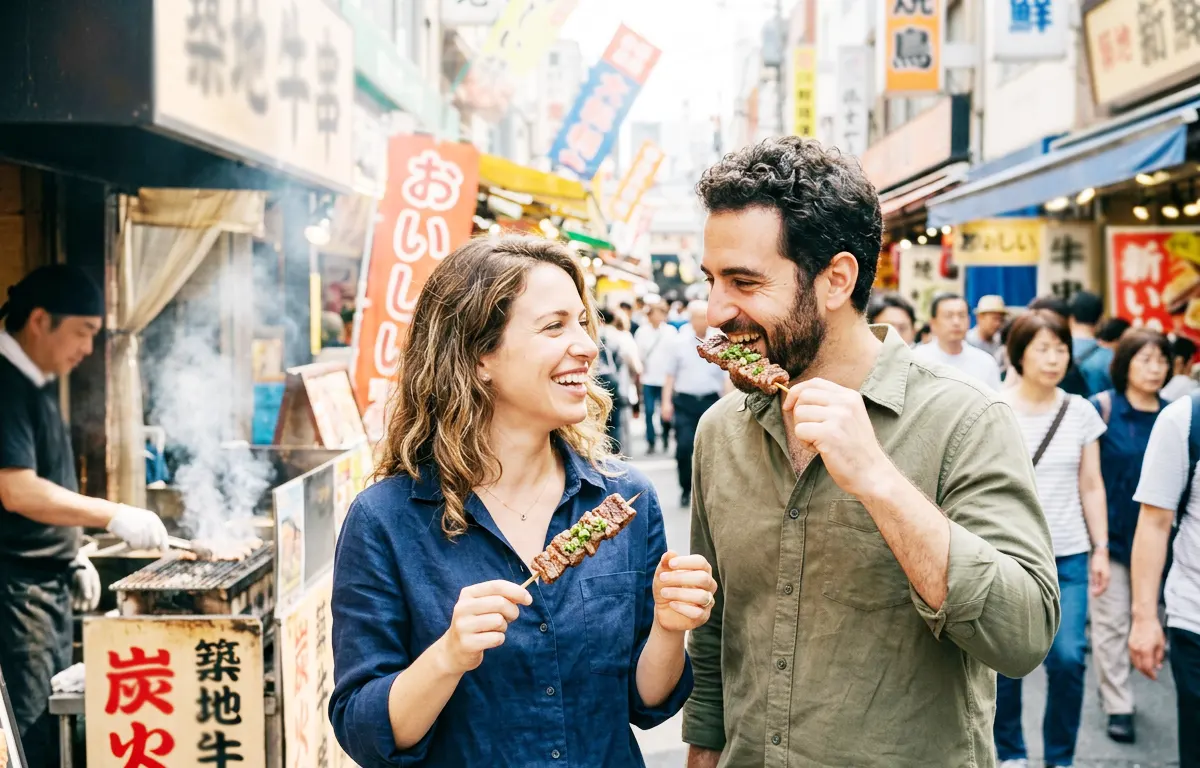 Couple enjoying street food at Tsukiji Outer Market
