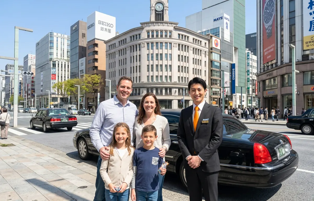 Guests taking a photo near a Ginza intersection in Tokyo
