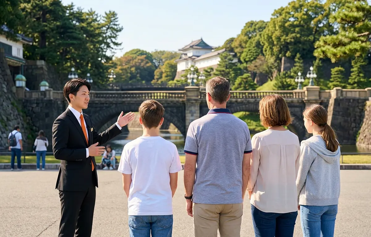 Travelers listening to their guide at the Imperial Palace in Tokyo
